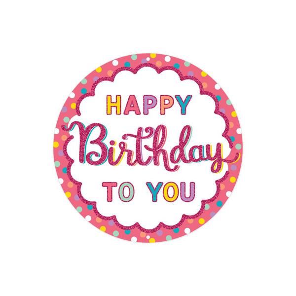 MD102522 8"Dia Metal/Glitter Happy Birthday Sign Lvdr/Pnk/Pch/Ylw/Mnt/Teal