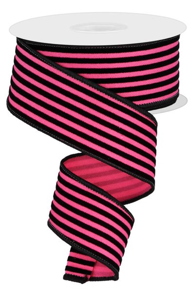 RGE139311 1.5" x 10yd Velvet Vertical Thin Lines Hot Pink/Black