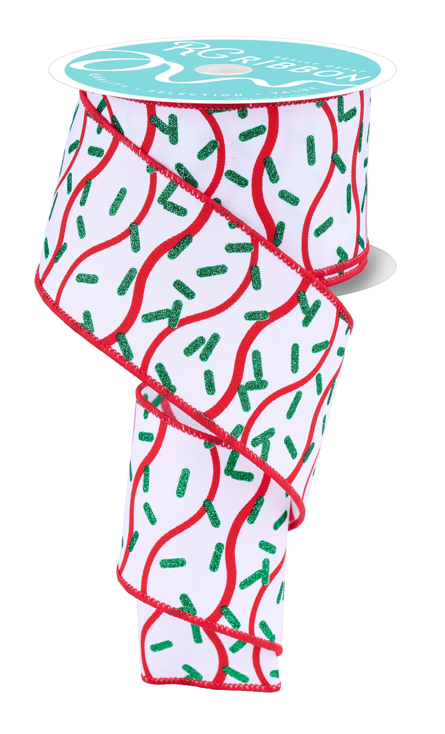 RGH101367 2.5" x 10yd Wavy Stripe W/Sprinkles White/Red/Emerald