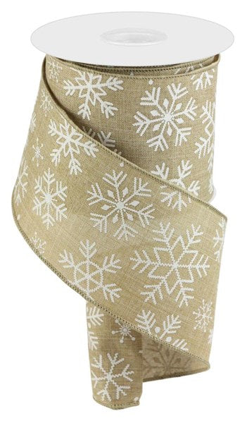 RGC142001 4" x 10yd Snowflakes On Royal Burlap Light Beige/White