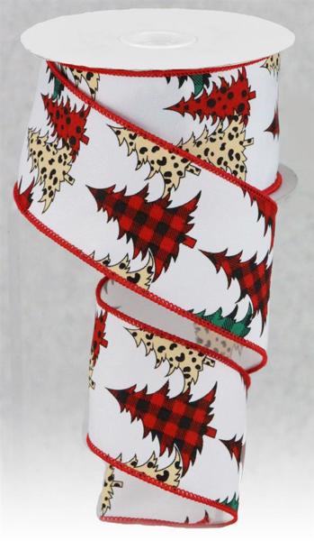 RGC198727 2.5" x 10yd Leopard, Check Christmas Trees White/Red/Grn/Beige/Blk