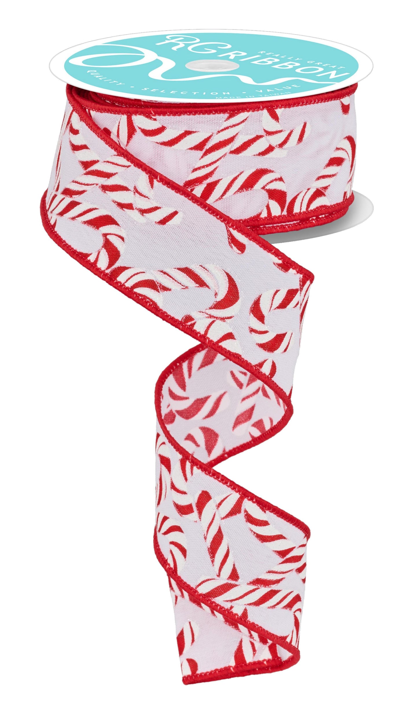 RGF126867 1.5" x 10yd Candy Cane Ribbon – White/Red – Wired Ribbon
