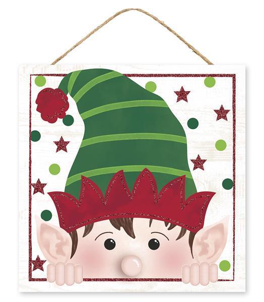 AP8852 10"Sq Glitter Peeking Elf Face White/Red/Emerald/Lime