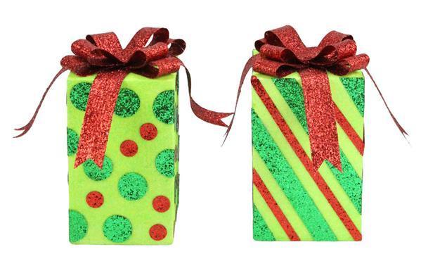 XC829477 8"H Dot/Stripe Square Package Red/Emerald/Lime