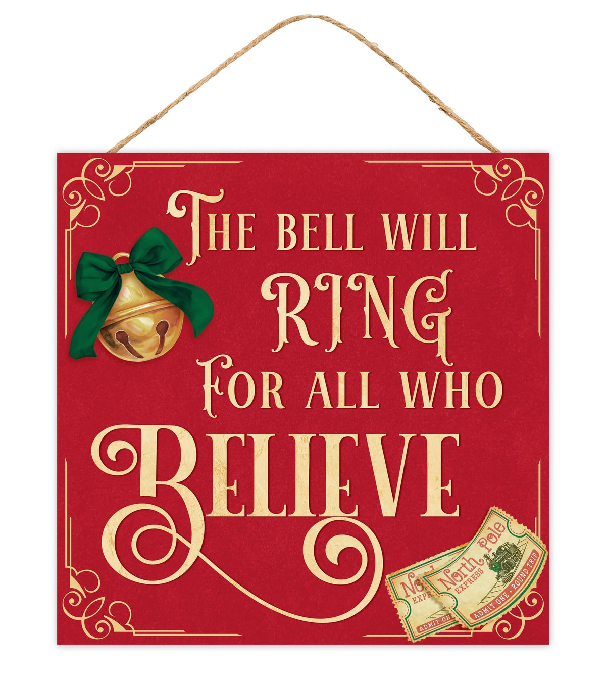 AP7452 10"Sq x 6mm Thick Bell Will Ring Sign Red/Gold/Emrld/Brass/Wht