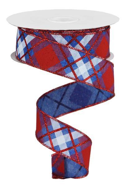 RGA120125 1.5" X 10Yd Glitter Plaid On Royal Royal Blue/Red/White