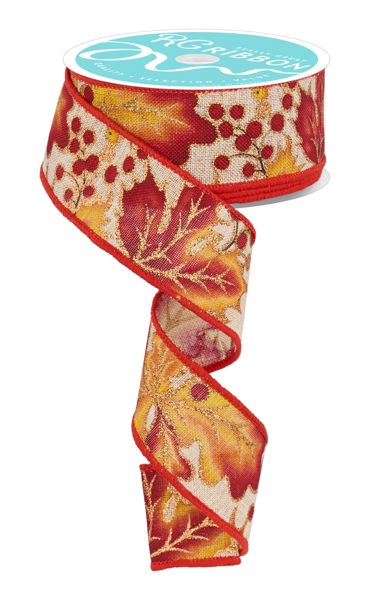 RGF1276 1.5" x 10yd Leaves W/Berries Ylw/Orng/Burg/Gold