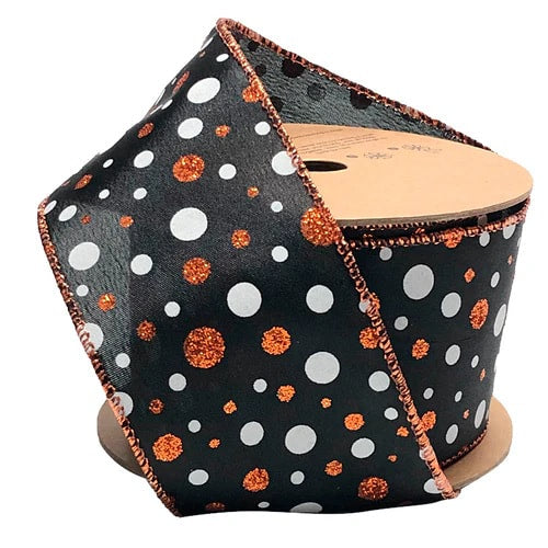 WR1010206310 2.5"X10YD Glitter Polka Dot Black/Orange/White