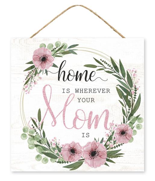 AP8890 10"Sq Home Where Mom Glitter Sign W/Jute Wht/Pnk/Grn