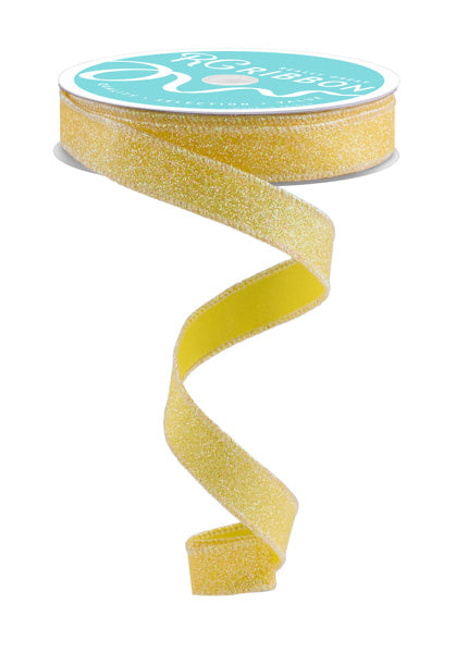 RGF147829 5/8" x 10yd Iridescent Glitter On Satin Yellow/Iridescent