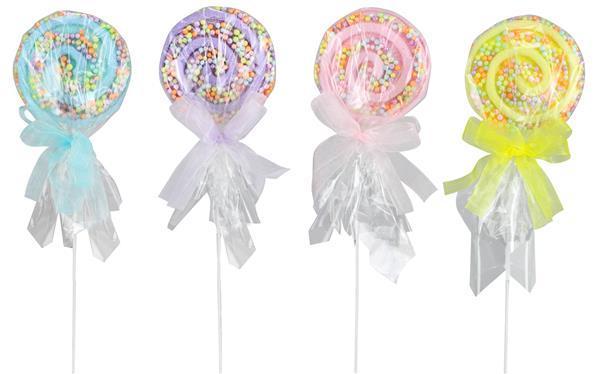 XC109399 13"Oal Glitter/Chenile/Bead Sucker Pick Yellow/Pink/Purple/Teal