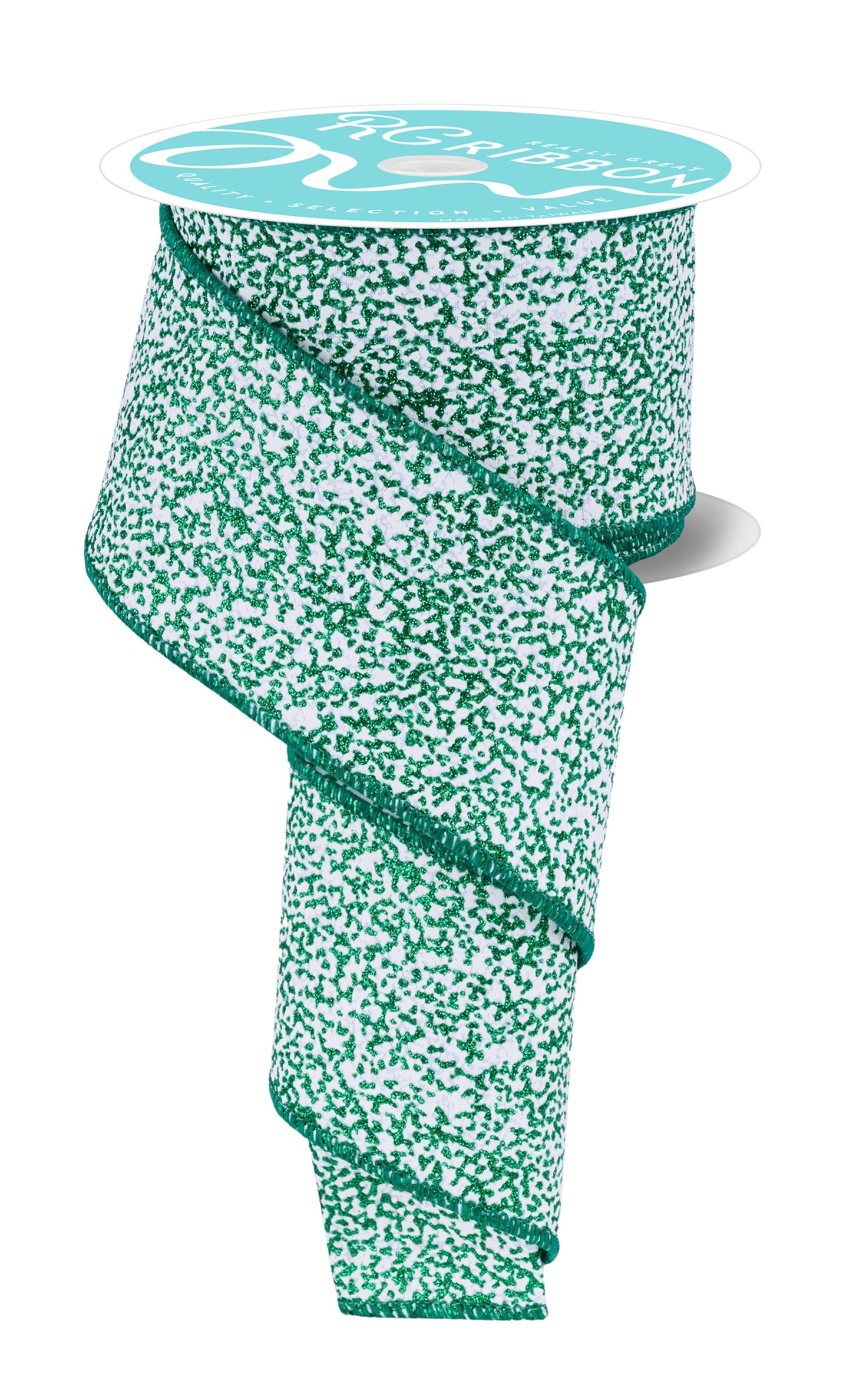 2.5" x 10yd Snow Glitter Christmas Ribbon – White/Emerald Green – Wired Holiday Ribbon RGF181406