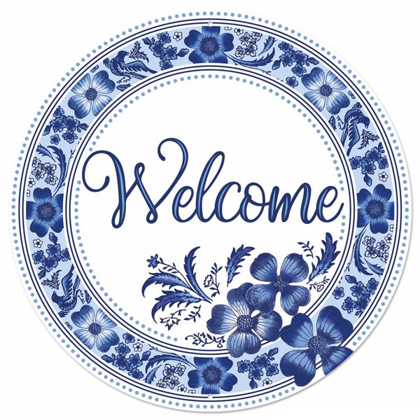 MD1356 12"Dia Metal Welcome Floral Sign White/Blue
