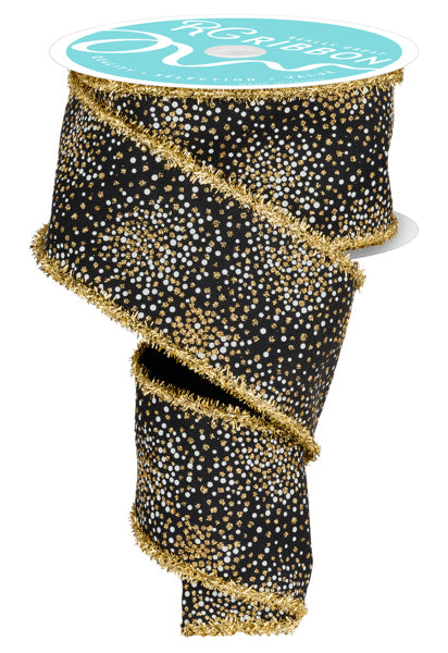 RGA872702 2.5" x 10yd Glitter Dots/Tinsel Gold/Laser Gold/Black