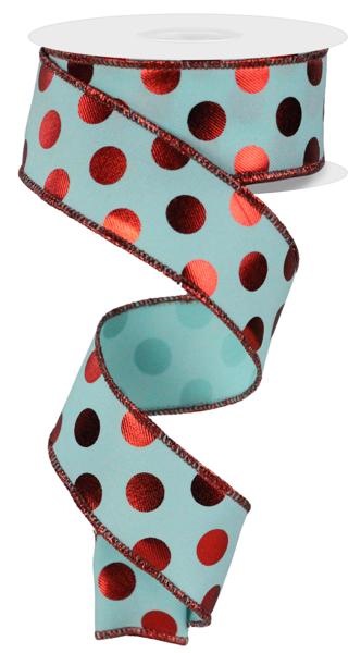 RGE166440 1.5" x 10yd Metallic Polka Dots Ice Blue/Red