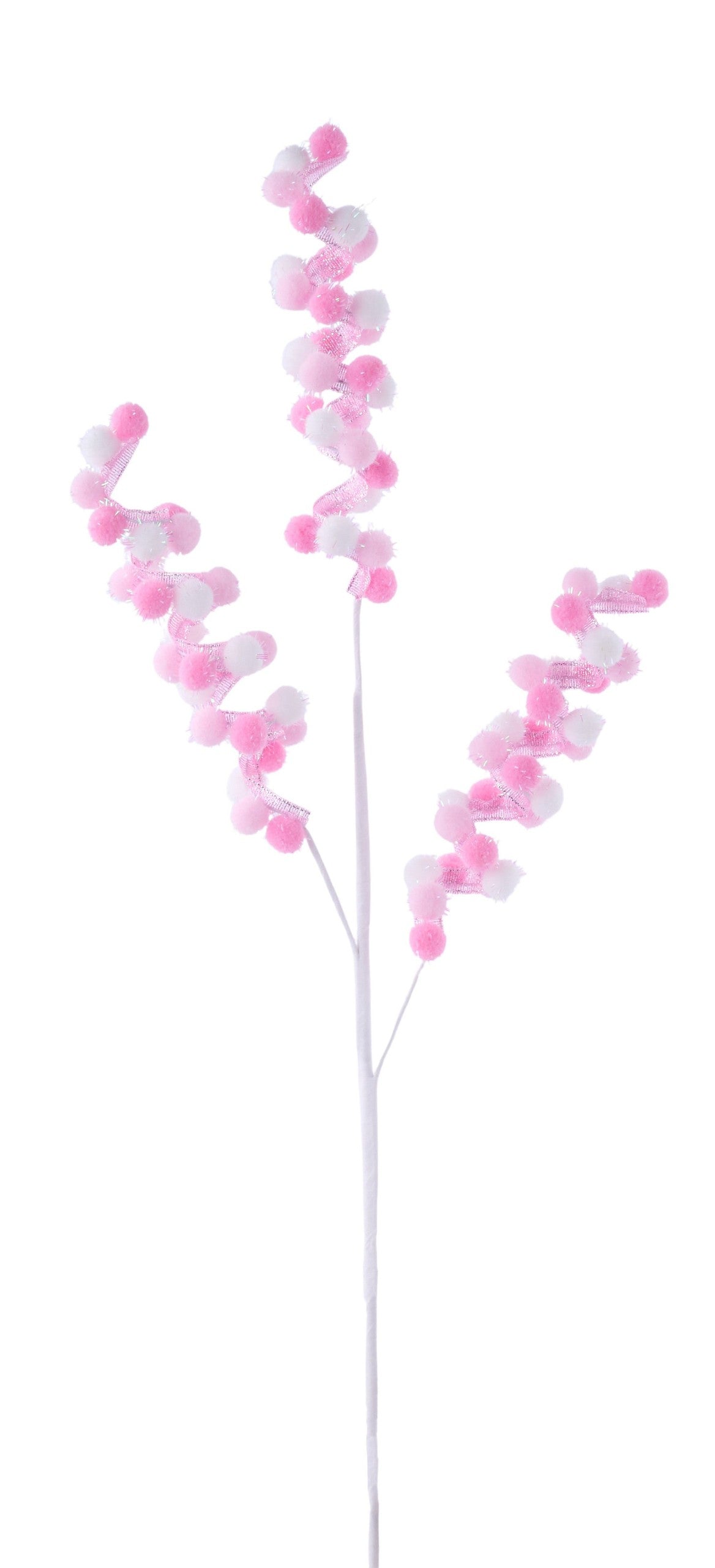 MN0481X3 23"L Tinsel Pompom Swirled Twig Spray Pink/Lt Pink/White