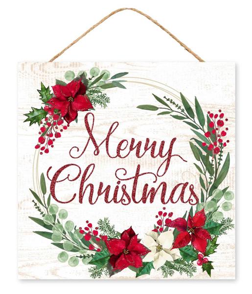 AP8968 10"Sq Merry Christmas Glitter Sign White/Red/Green/Cream