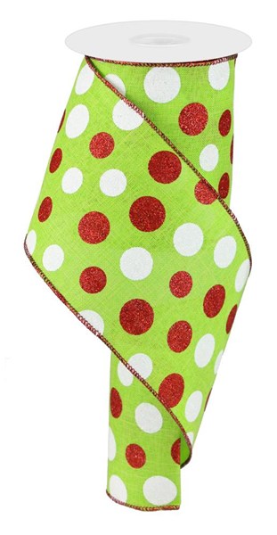 RG0178533 4" x 10yd Three Sized Glitter Dot/Royal Lime Green/Red/White