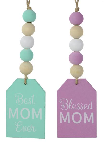 MS173099. 7"L Wood Bead Mom Tag Ornaments Asst Lavender/Robin Egg