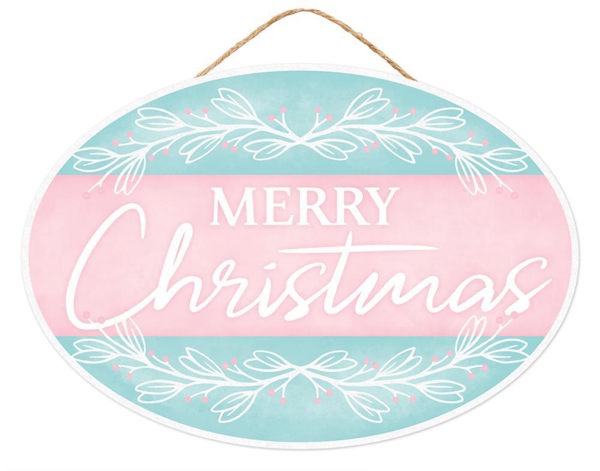 AP786963 13"L x 9"H Merry Christmas Oval Sign Pink/Ice Blue/White