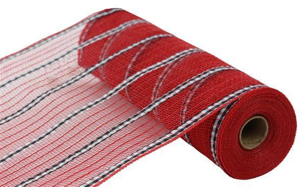RY8901H9 10.25" x 10yd x Lwide Fabric/Faux Jute Mesh Red/Black/White
