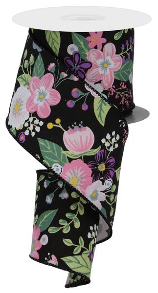 RGE113302 2.5" x 10yd Graphic Florals Black/Pink/Blue/Wht/Grn