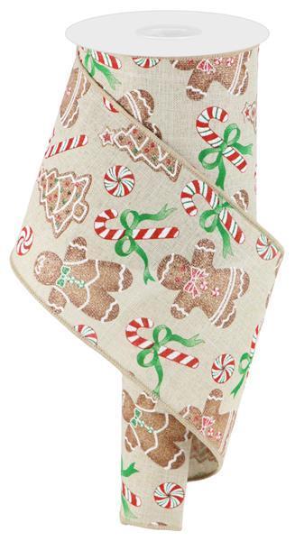 RG0185318 4" x 10yd Gingerbread W/Candy On Royal Lt Nat/Red/Emerald/Brown