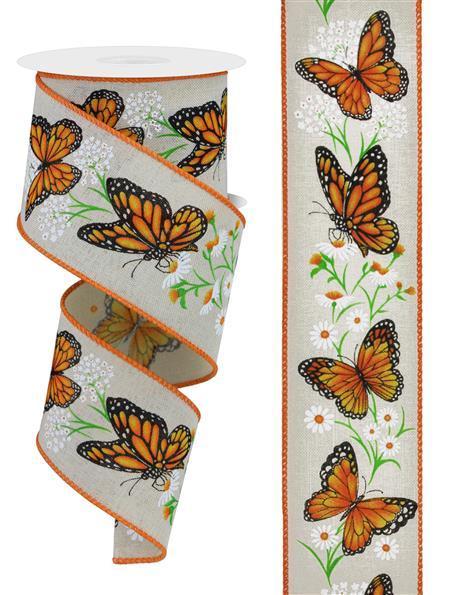 RGE1514C2 2.5" x 10yd Monarch Butterfly W/Daisies Crm/Dk Org/Ylw/Grn/Wht