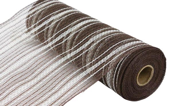 RY8344EM 10.25" x 10yd Farmhs Stripe Faux Jute Mesh Chocolate/Cream
