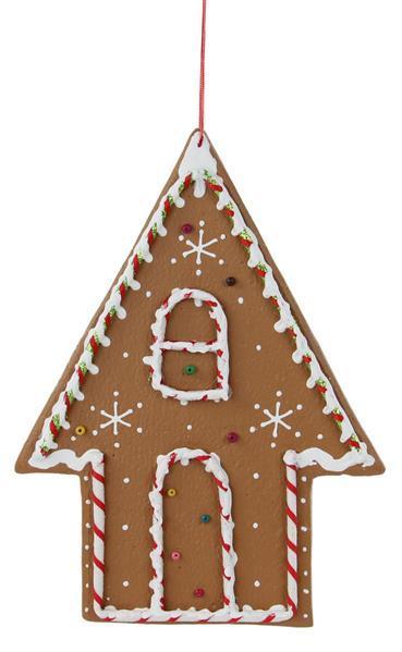 XJ4447 11"L Gingerbread House Ornament Brown/Red/Green/White