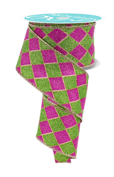 RGF1621HE 2.5" x 10yd Glitter Harlequin Green/Hot Pink/Gold
