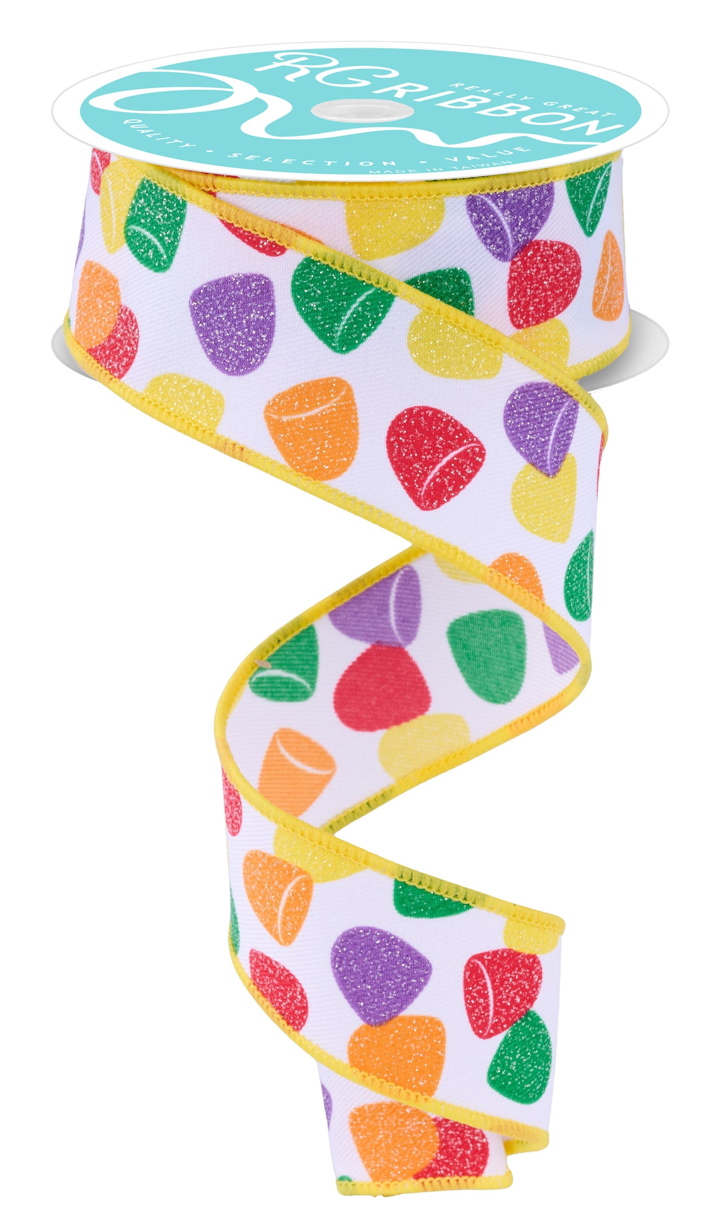 RGF1630RT 1.5" x 10yd Gumdrops Ribbon – White/Yellow/Red/Green/Orange – Wired Ribbon