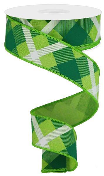 RG01682JM 1.5" X 10Yd Printed Plaid On Royal Lime/Green/White