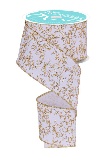 RGF1313C6 2.5" x 10yd Glitter Mini Leaf Vines White/Gold