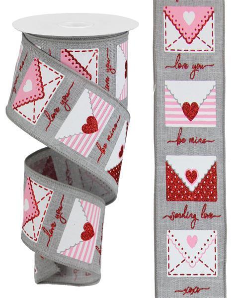 RGA159810 2.5" x 10yd Love Letters On Royal Lt Grey/White/Red/Pink
