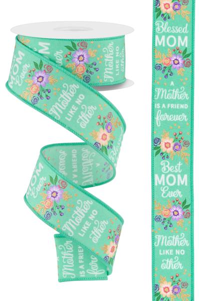 RGE1975AB 1.5" x 10yd Floral Mom Wreath Dk Mint/Gold/Pastel