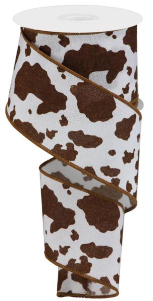 RGB137704 2.5" x 10yd Fuzzy Cow Print White/Brown