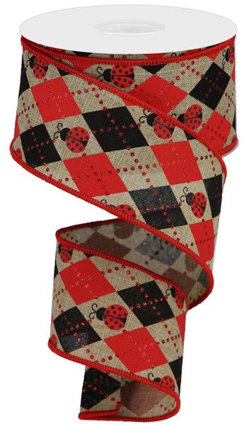 RGA136501 2.5" x 10yd Argyle Ladybugs On Royal Lt Beige/Red/Black