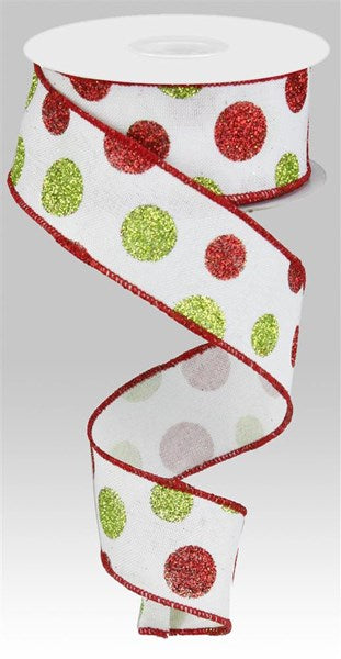 RG0170327 1.5" x 10yd Multi Size Glitter Dots/Royal White/Red/Green