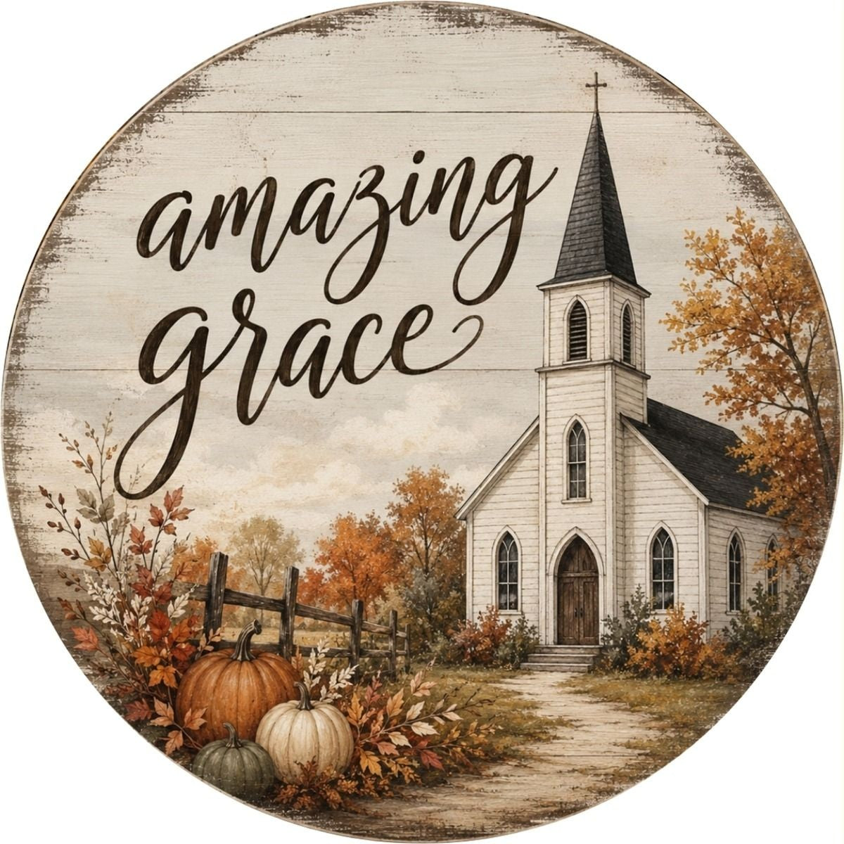 CUS2568-L 18" Round MDF Amazing Grace Church Fall Floral Sign W/Rope