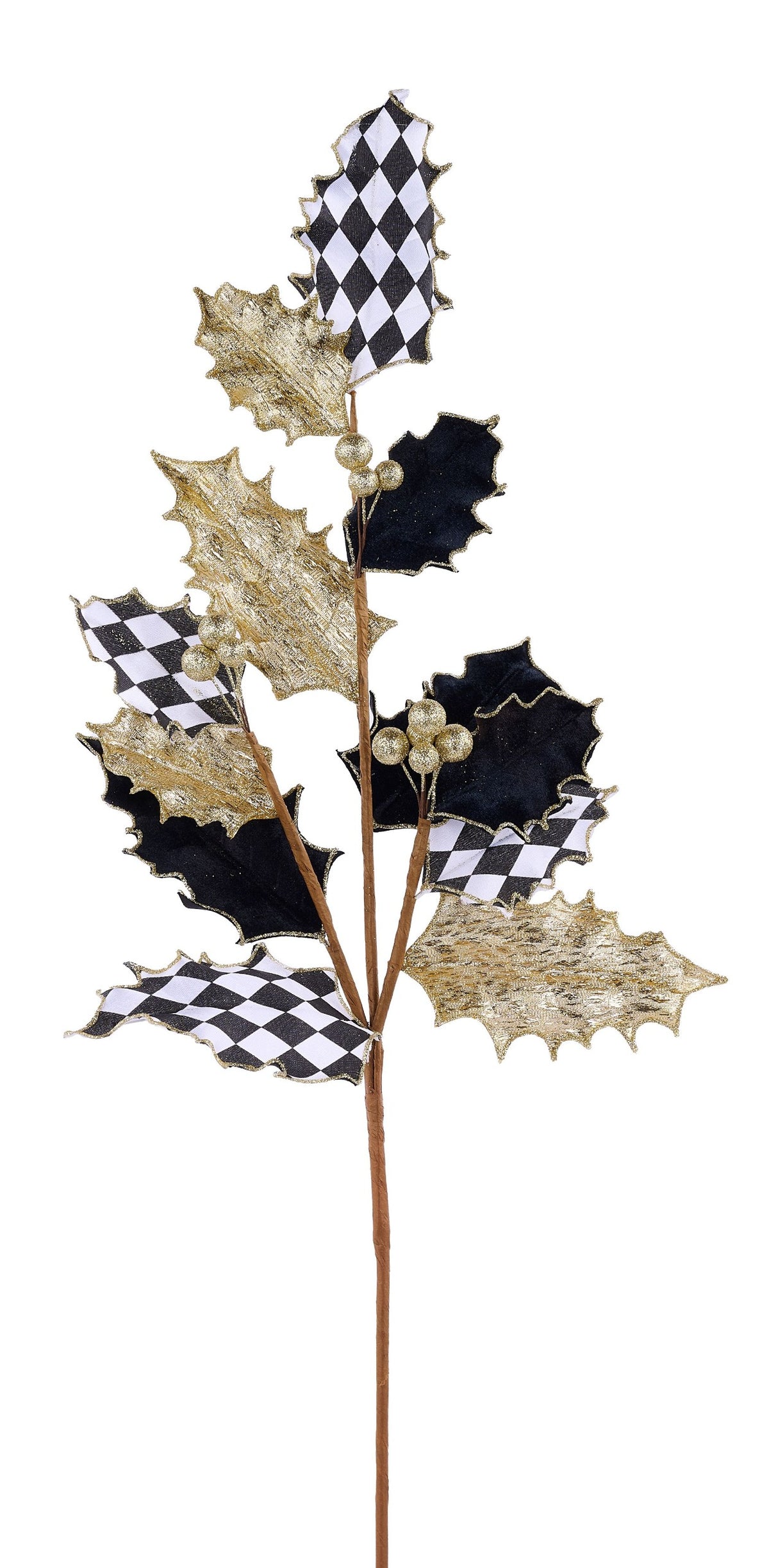XS0979T1 29"L Harlequin Holly Berry Leaf Spray Black/White/Gold