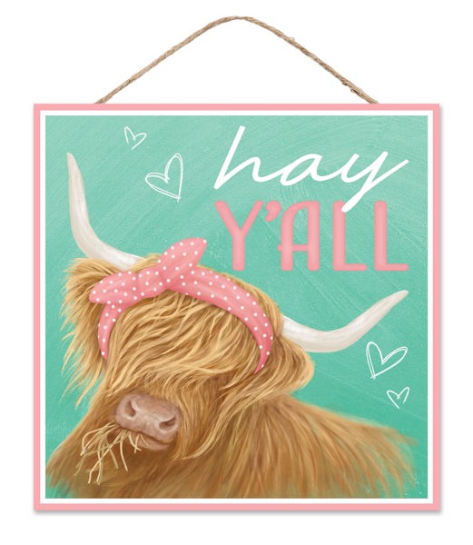 AP7351 10"Sq Hay Y'all W/Highland Cow Sign Mint/Turquoise/Pink