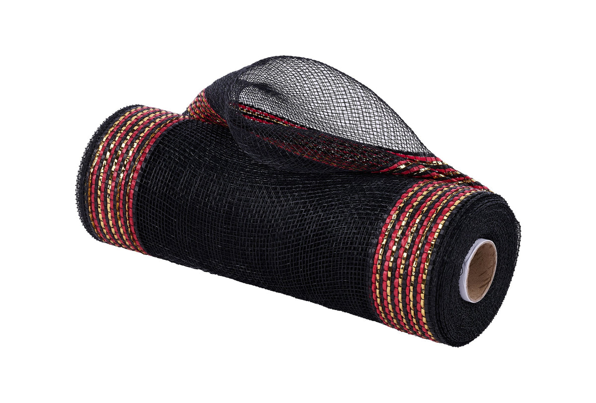 RE85053K 10" x 10yd Border Stripe Mesh Black/Gold/Red