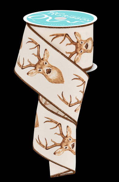 RGF114337 2.5" x 10yd Deer Head On Diagonal Weave Ivory/Brown /Tan/Caramel