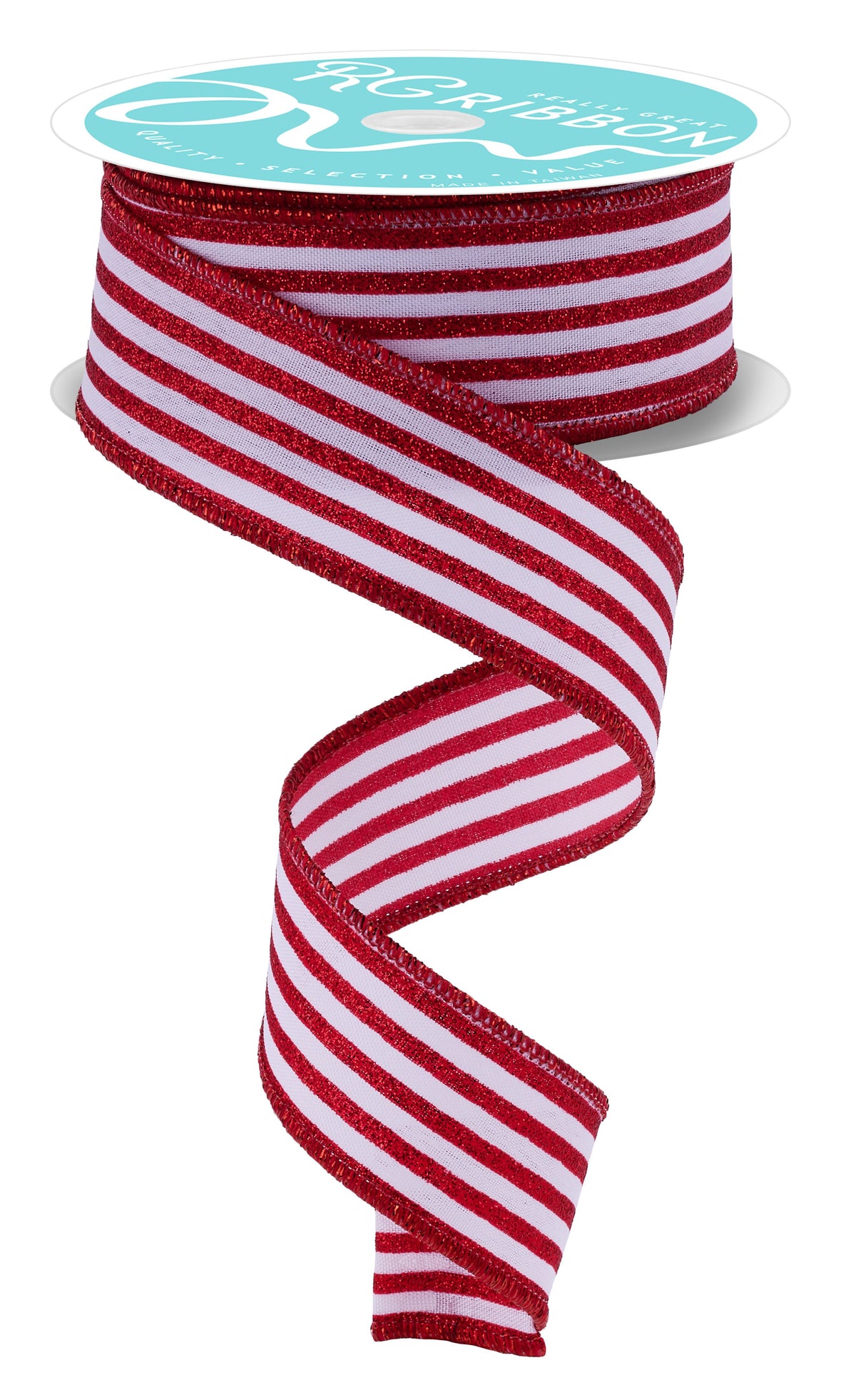 RGF197067 1.5" x 10yd Glitter Vertical Stripe White/Red