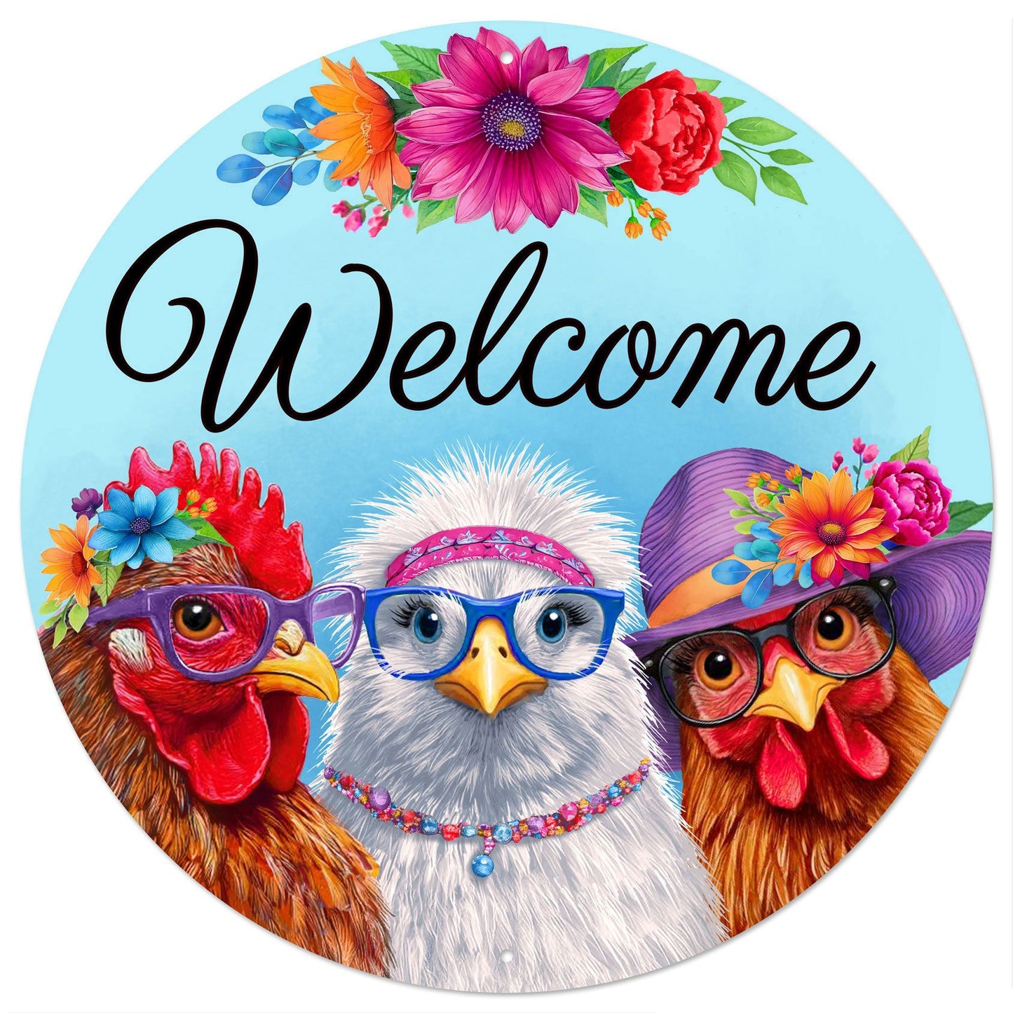 MD1723 12"Dia Metal Welcome W/Chickens Sign Blue/Wht/Brwn/Ppl/Red/Org