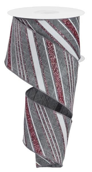 RGE1420A4 2.5" x 10yd Diagonal Line/Ryl Burlap New Grey/White/Pink