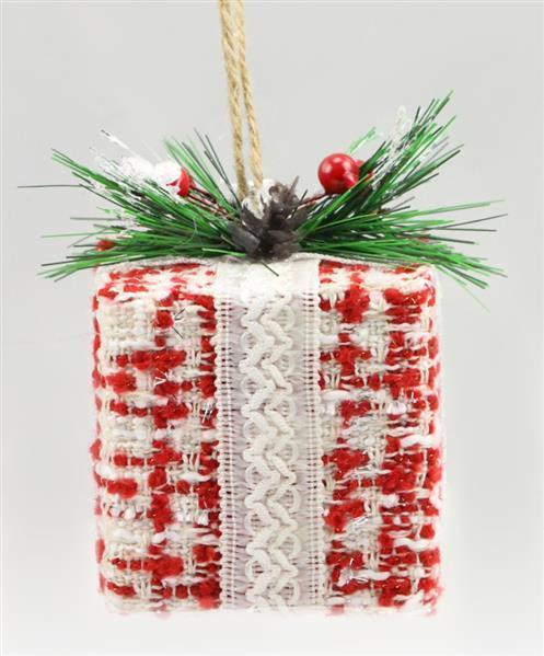 XJ432924 4.5"H X 3"Sq Tweed Gift Ornament Red/White