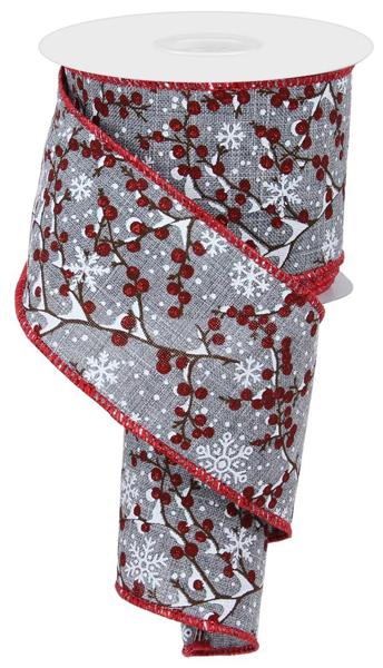 RGE104310 2.5" x 10yd Berry Branches W/Snow On Royal New Grey/Red/Brown/White