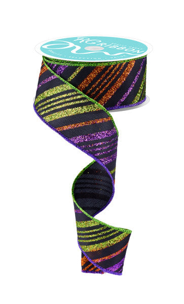 RGF1430CY 1.5" x 10yd Diagonal Glitter Stripe Black/Purple/Orange/Lime